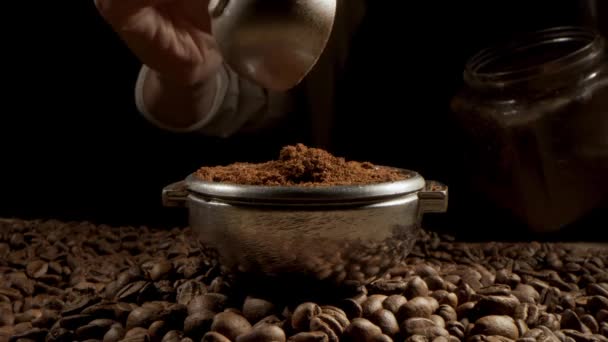 Close Slow Motion Coffee Grinder Filling Roasted Coffee Machine Shot — Stockvideo