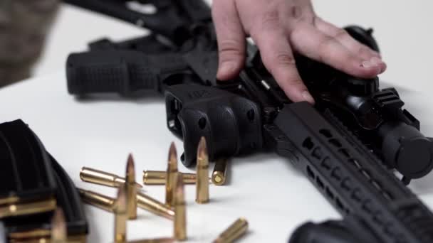 Black Iron Modern Army Military Machine Gun Cartridges Small Arms — Stockvideo
