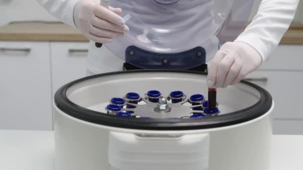 Cosmetologist Extraindo Plasma Sangue Usando Uma Centrifugadora Médico Tira Tubos — Vídeo de Stock