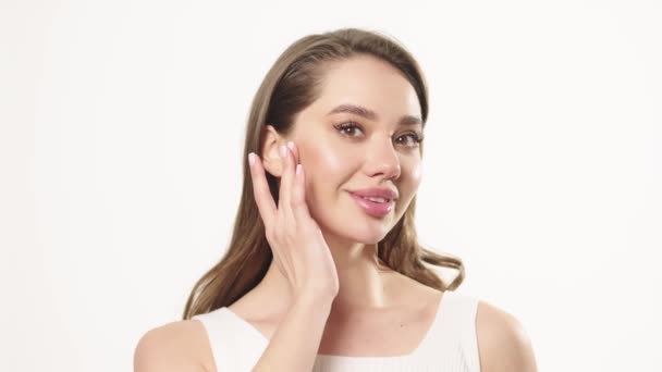 Skincare Concept Close Beauty Portrait Young Woman Touching Her Smooth — Stock videók