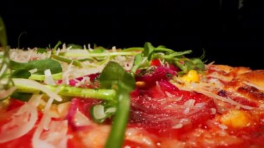 Sprinkling Tasty Grated Cheese On Delicious Pizza With Tomato Sauce. Cooking Traditional Pizza With Tasty Cheese Ingredient. Tasty Italian Cuisine. Cheese For Pizza Preparation. Making Food For Meal