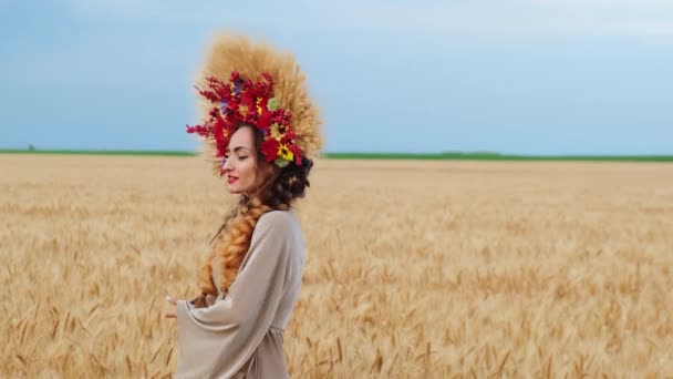 Beautiful Smiling Young Woman Traditional Ukrainian Clothes Runs Golden Wheat — Stockvideo