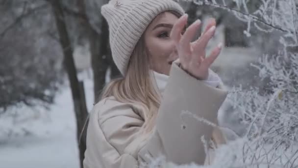 Vonzó Gyönyörű Sétál Téli Hóerdőben — Stock videók
