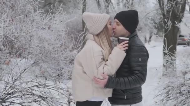 Couple Love Drink Hot Coffee Winter Snow Covered Forest Enjoy — Stock Video
