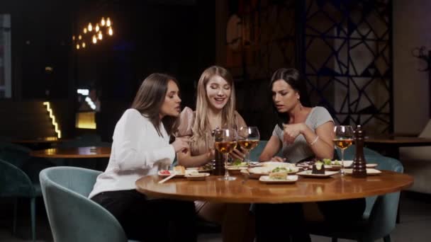 三个可爱的女朋友坐在桌旁休息 喝着酒 兴高采烈地交谈着 女孩用酒杯扣酒的玻璃杯 — 图库视频影像