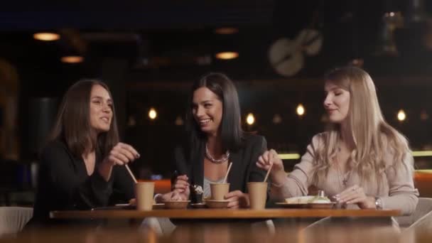 Positive Girls Best Friends Sitting Cafe Drinking Tea Chatting Partner — 图库视频影像