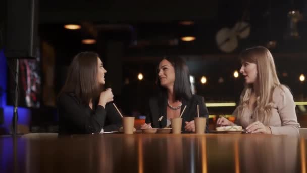 Positive Girls Best Friends Sitting Cafe Drinking Tea Chatting Partner — 图库视频影像