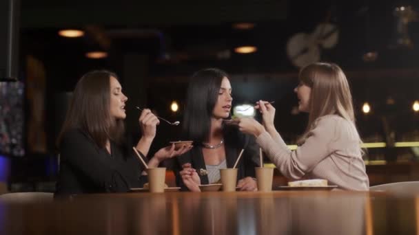 Positive Girls Best Friends Sitting Cafe Drinking Tea Chatting Partner — Stock videók