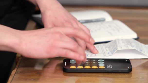 Young Man Living Room Sofa Accounting Financial Expenses Settling Debts — Video Stock