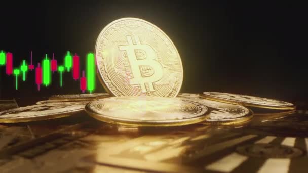 Bitcoin Gouden Munten Liggen Tafel Sluit Maar Bitcoin Crypto Valuta — Stockvideo