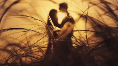Aşık çift gün batımında romantik anlar yaşıyor. Yaz tatilindeki genç aşıklar. Aşk ya da balayı kavramı. Gün batımında siluet öpücüğü.