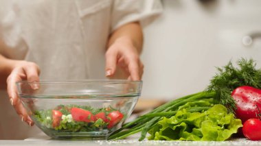 Açık havada sebze salatası yapıyorum. Taze çiğ sebzelerden salata yapmak - domates, salatalık, yeşillik, biber, soğan, zeytinyağı. Açık havada.
