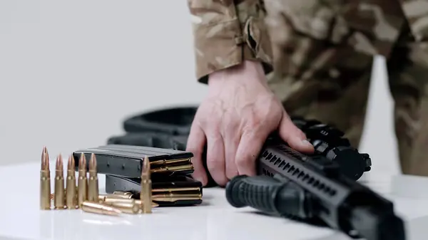 Hands Taking Ammo Bullets 762 Caliber Gun — Stock Photo, Image