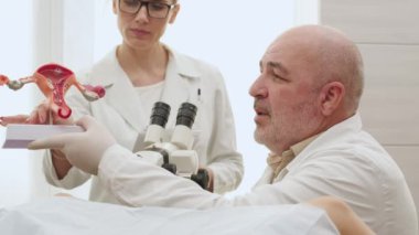 Jinekolog ve kadın doğum uzmanı bir hastaya danışır ve hamilelik hazırlığı için jinekolojik muayene yapar. Hamilelik ve doğum, kadın sağlığı ve takım çalışması konularında danışmanlık.