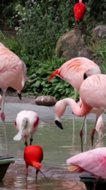 Görkemli flamingolar tropikal gölde zarifçe dolaşırlar. Pembe tropikal kuşlar doğal ortamlarında.