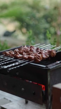 Barbeküde ızgara lezzetli yemeklere yakın çekim. Doğada lezzetli şiş kebap pişirme süreci. BBC 'deki metal şişte lezzetli yemekler..