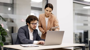 Direktör ve meslektaşım online iş hizmetlerini ve kurumsal yazılımı birlikte bir dizüstü bilgisayarda gözden geçiriyorlar. Ofiste liderlik, takım çalışması ve teknoloji danışmanlığı konuları için ideal..