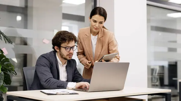 Direktör ve meslektaşım online iş hizmetlerini ve kurumsal yazılımı birlikte bir dizüstü bilgisayarda gözden geçiriyorlar. Ofiste liderlik, takım çalışması ve teknoloji danışmanlığı konuları için ideal..