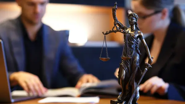 Bir avukat yeni bir müşteriyle görüşüyor. Takım elbiseli genç bir erkek avukat büro masasında oturuyor, hukuki tavsiyelerini paylaşıyor, miras sürecini açıklıyor, yardım etmeye çalışıyor..