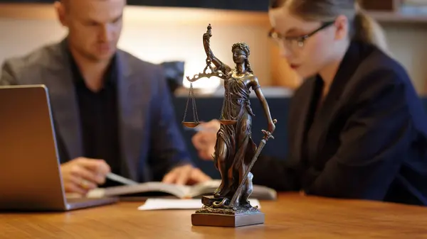 Bir avukat yeni bir müşteriyle görüşüyor. Takım elbiseli genç bir erkek avukat büro masasında oturuyor, hukuki tavsiyelerini paylaşıyor, miras sürecini açıklıyor, yardım etmeye çalışıyor..