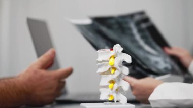 Doktor röntgenleri ve anatomik modelleri inceler. Dizüstü bilgisayardaki gözlemlere dikkat çeker. Detaylı tanı analizi ve hasta değerlendirmesi için ideal.