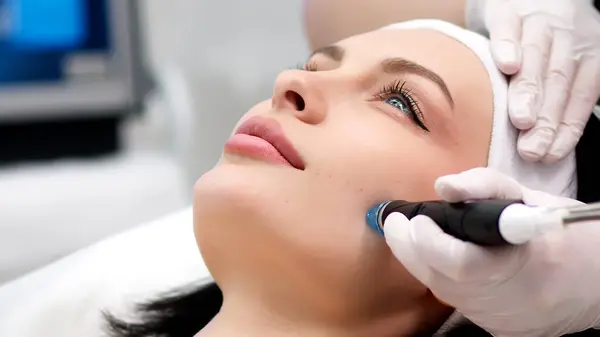 Kozmetik uzmanının cildini vakum makinesiyle cilalayıp temizleyişine yakın çekim. Cilt bakımı, gençleştirme ve kozmetoloji kavramı.