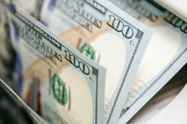 Elektronik para sayma makinesindeki dolarların yakın plan çekimi, finansal hizmetleri, nakit yönetimini veya döviz kurunu resmetmek için ideal.                           