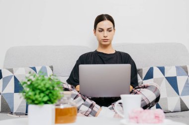 Evdeki kanepede dizüstü bilgisayarlı genç ve çekici bir kadının fotoğrafı.