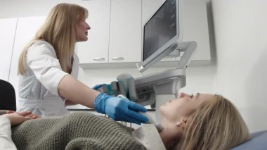 Kadın endokrinolog ultrason ofisinde kadın bir hastaya ultrasonografi yapıyor. Tiroit bezinin ultrason kontrolleri..