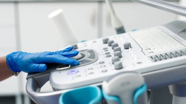 Kadın eli koruyucu eldivende. Klinikte ultrasonla çalışıyor. Görüntüyü kapat.