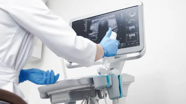Bir tıp uzmanı ultrason yapar, sonda ve ekipmanlara odaklanır. Tanısal tıptaki modern teknoloji ve profesyonellik kavramı.