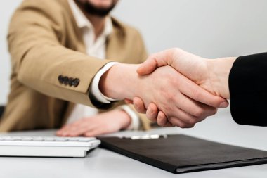Belgeleri imzalayan, anlaşmaları ve sözleşmeleri yapan iş adamları. Yasal formaliteleri, banka kredilerini, sigorta alımlarını kavramsallaştırın ve ofis ortamında hazırlık yapın.