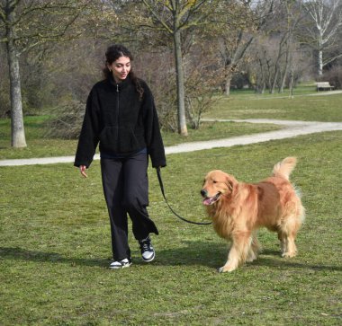 Young girl with dog's coach training his dog