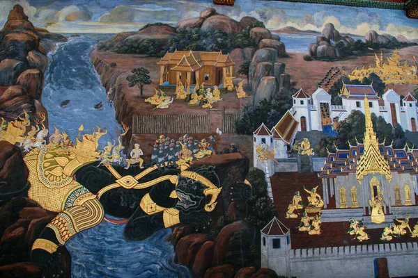 泰国曼谷翡翠佛寺和大殿的历史绘画 — 图库照片