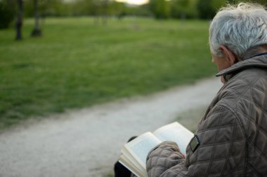Yaşlı adam, gri saçlı, parkta bir bankta oturmuş kitap okuyor.