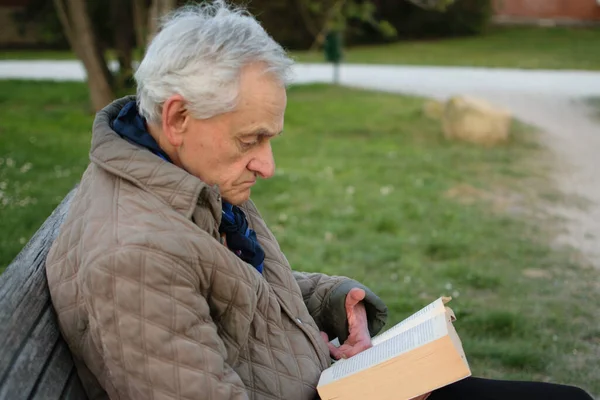 Old man with gray hair reading a book sited on a bench outside in park