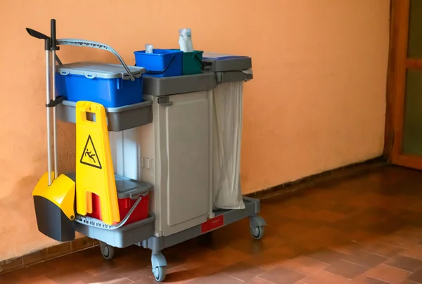 Image of professional cleaning cart with all utensils and safety protocols