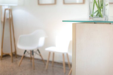 Diş hekimi, jinekolog, fizyoterapist, kan analizi gibi farklı kavramları ifade eden temiz ve aydınlık bekleme odası görüntüsü