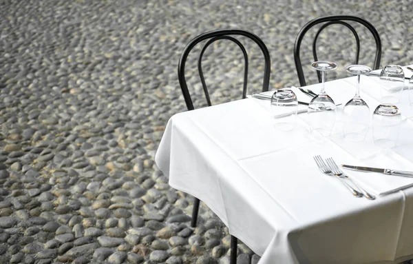 Image Elegant Restaurant Table Terrace Rustic Grey Stone Street Background Stock Photo