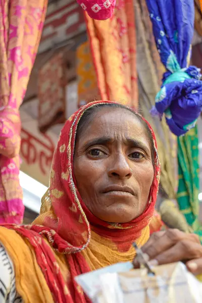 Indiai Gyönyörű Arccal Pózol Textilekkel Háttérben Rajasthan India Stock Fotó