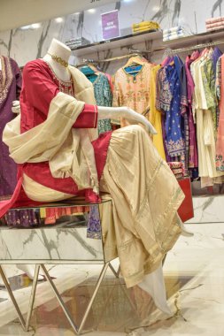 Sari, New Delhi 'deki lüks bir mağazada arka planda giysileriyle vitrin mankeni olarak sergilendi. Sari ya da sariler geleneksel kadın elbiseleridir ve Diwali gibi kutlamalar için de zarif tekstil ürünleridir..