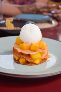 Marakeş 'teki bir restoranda güzel kaplanmış dondurmalı tatlıyı ve kayısıları yakından izleyin. Fas.