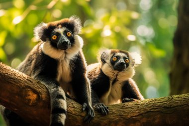 İndri indri cinleri, yeşil ve peri benzeri bir ormanda, bir ağaçta, ipek kürklü bir çift Sambirano lemuru.