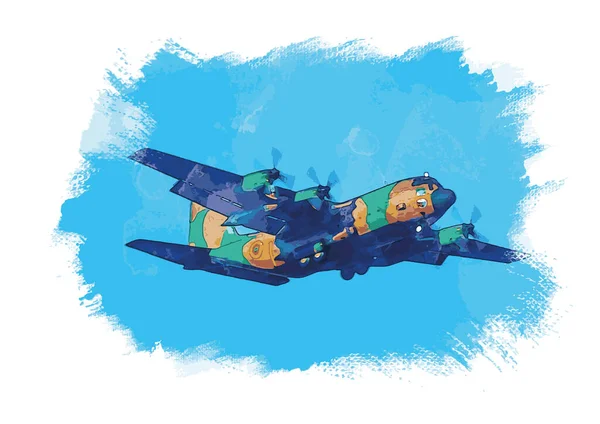 Pintura Aquarela Uma Aeronave Militar Voo Contra Céu Azul — Vetor de Stock