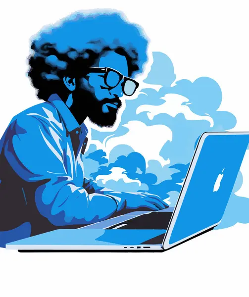 Black Man Seated Laptop Glasses Hacker Laptop Computer — Stock Vector