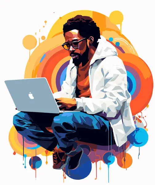 Czarny Człowiek Siedzi Laptopie Okularami Haker Laptopem Komputer — Wektor stockowy
