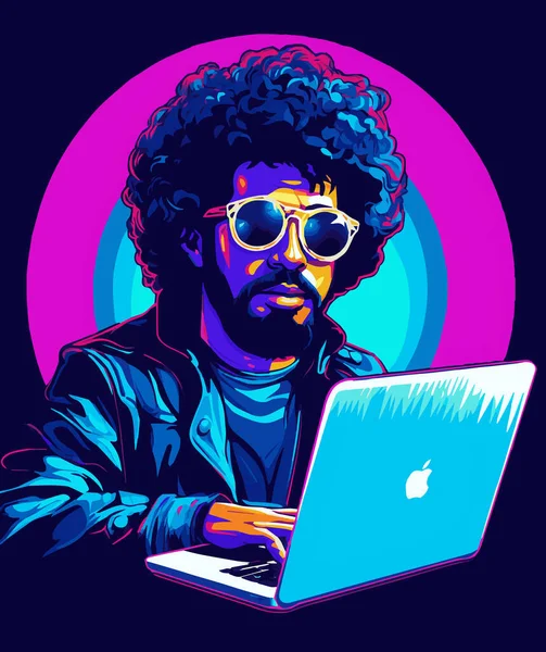 一个黑人坐在带有眼镜黑客和笔记本电脑的笔记本电脑上 — 图库矢量图片
