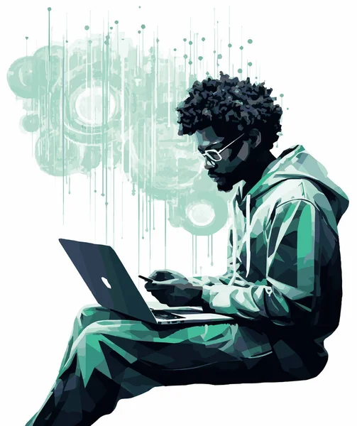Ein Schwarzer Mann Sitzt Auf Einem Laptop Mit Brille Hacker — Stockvektor