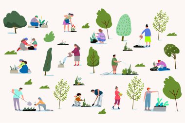  People working in gardening.Summer gardening.People concept. illustration for topics like hobby, farming, orchard.Vector illustration.