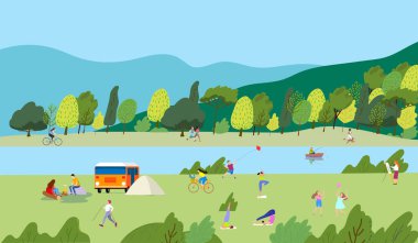  Active family weekend in the forest by the lake with a barbecue, walks. People having a rest on a picnic in nature.People in the park.Vector illustration. clipart